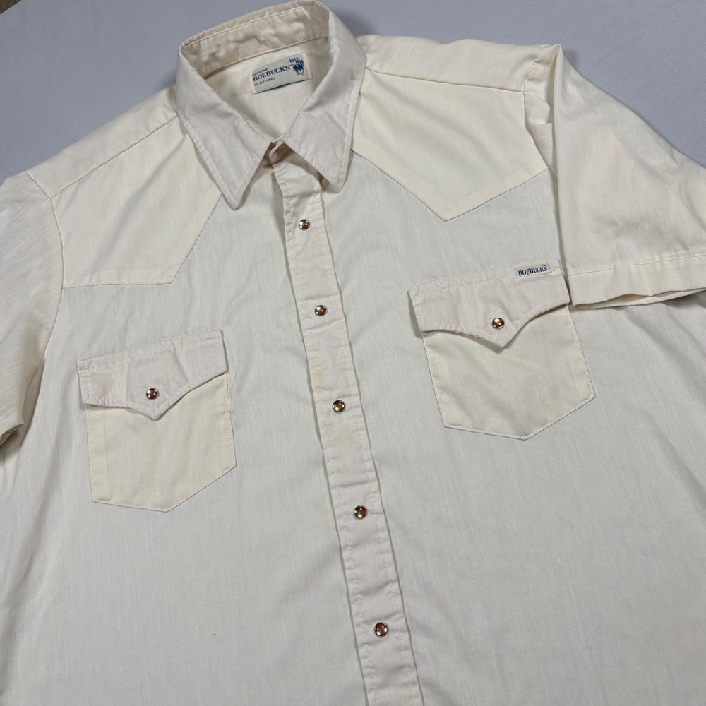 Roebucks Western Shirt Mens XL Pearl Snap Cream Short Sleeve Paper Thin Slub USA